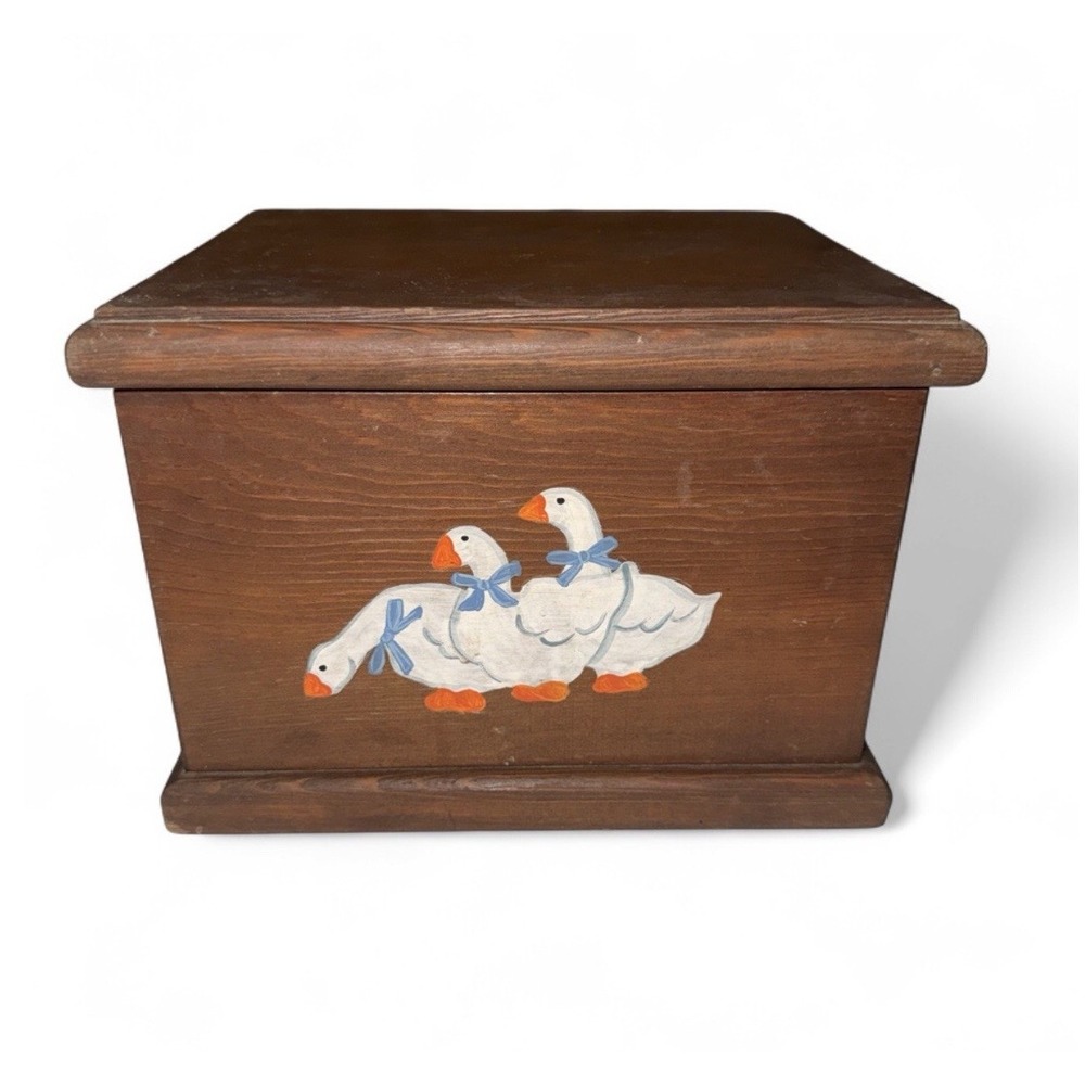 Vintage Wood Goose Box Hand Painted Blue Ribbon Geese Country Cottagecore Decor